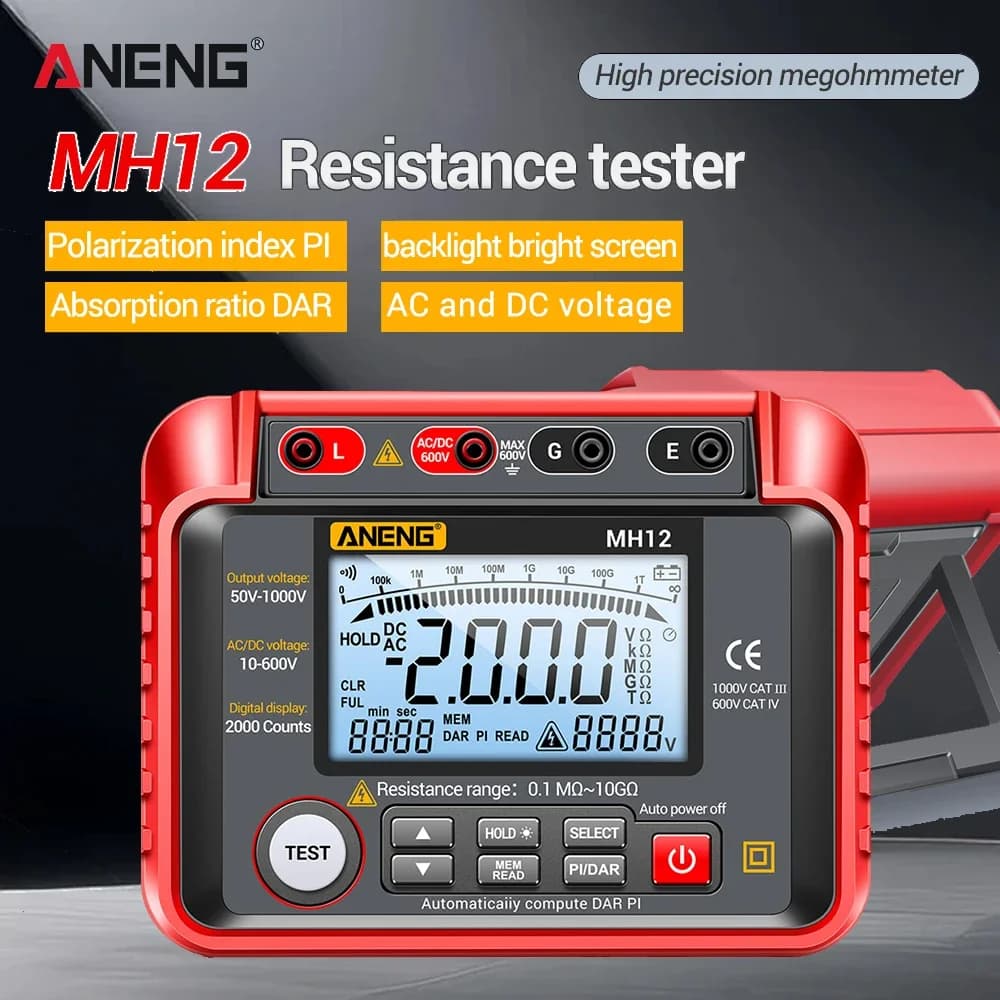 ANENG Digital Megohmmeter Insulation Resistance Meters High Voltage Voltmeter AC DC Meter Tester Cable Professional Tools MH12