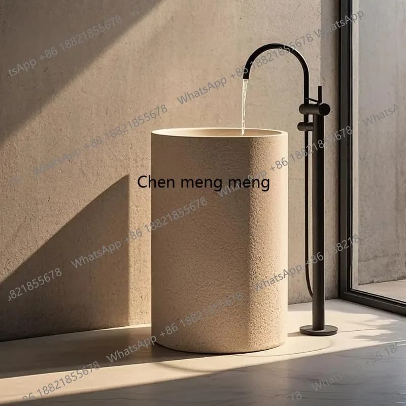 Beige Breccia Oniciata Marble Pedestal Sink | Artistic Handcarved Freestanding Basin for Outdoor, Balcony, Villa, Bathroom