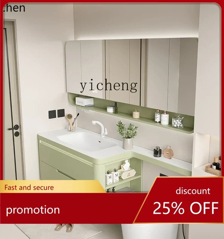 HT Bathroom Cabinet Combination Integrated Basin Extended Toilet Partition Rubber Wood Bathroom Washstand