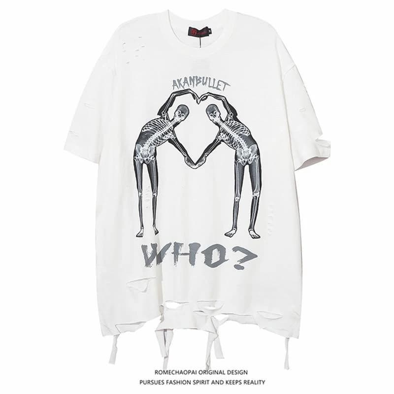Summer Ripped Hole Men O Neck Short Sleeve T Shirts Personality Skull Print Street Fashion Loose All-match Tops Tee Unisex Black