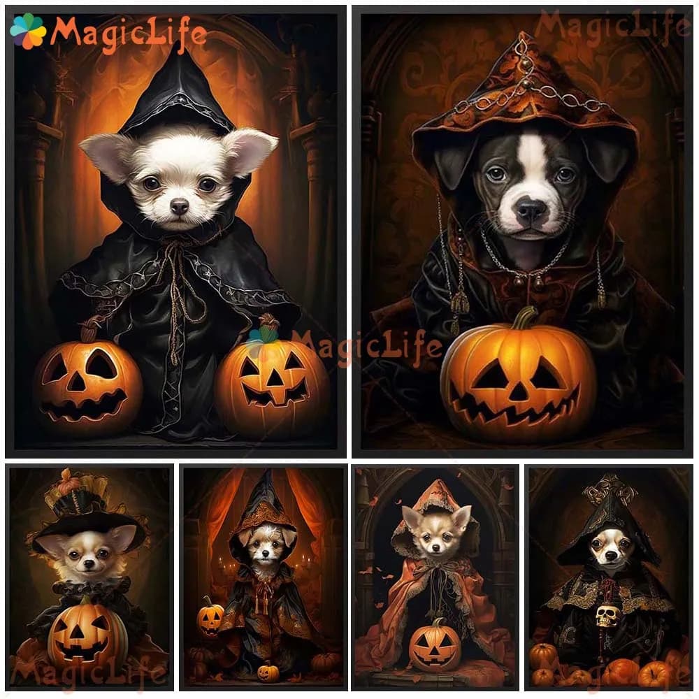 Custom Cat Pet Portrait Halloween Dress up Animals Dog Poster Wall Art Canvas Painting Wall Pictures For Living Room Unframed