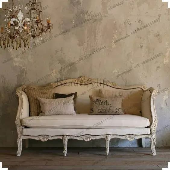XX French White Retro Solid Wood Carving Flower Single Person Three Person Linen Cloth Sofa Small Apartment Custom Antique