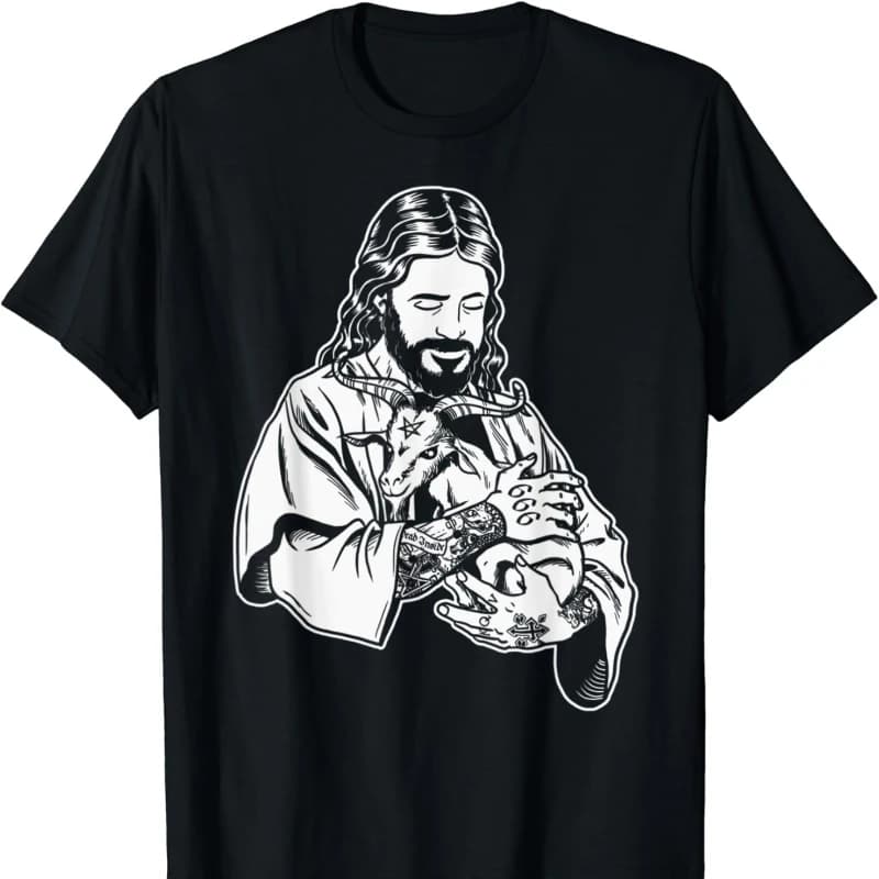 Creative Jesus Holding Goat Baphomet Occult Satanic Tattooed Man Printed T-shirt Tops Cool Hipster Street Fashion Short-sleev