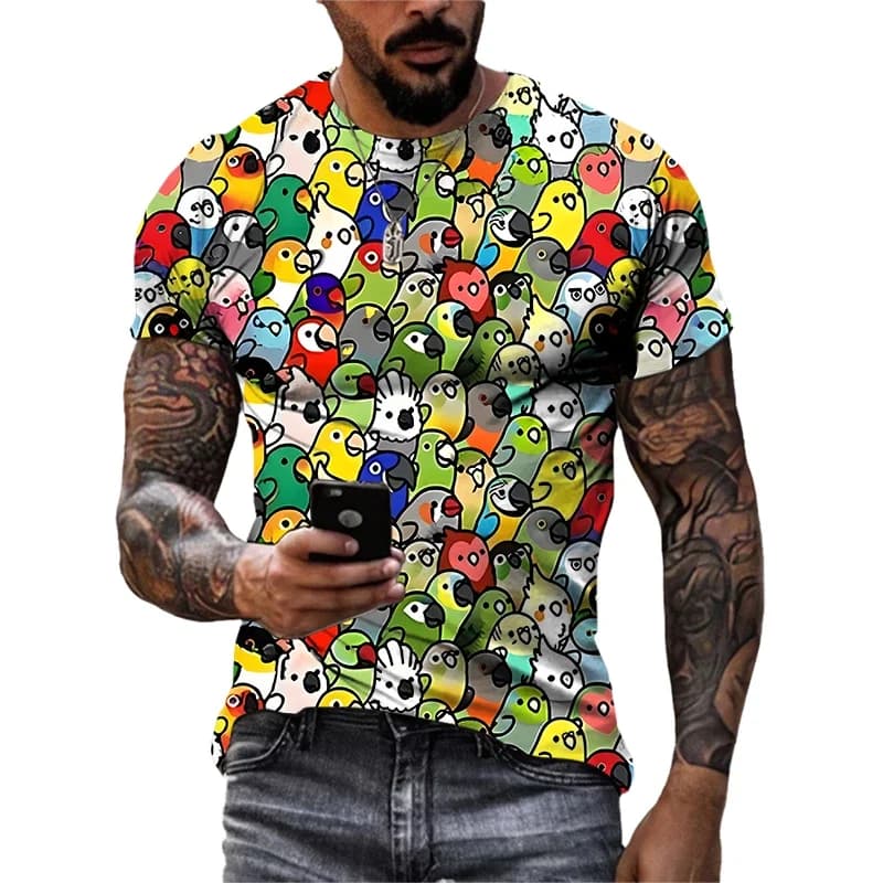 Men's Quick Drying Breathable T-Shirt round Neck Short Sleeve Bird Eye Fabric Printed Top with Bird Image