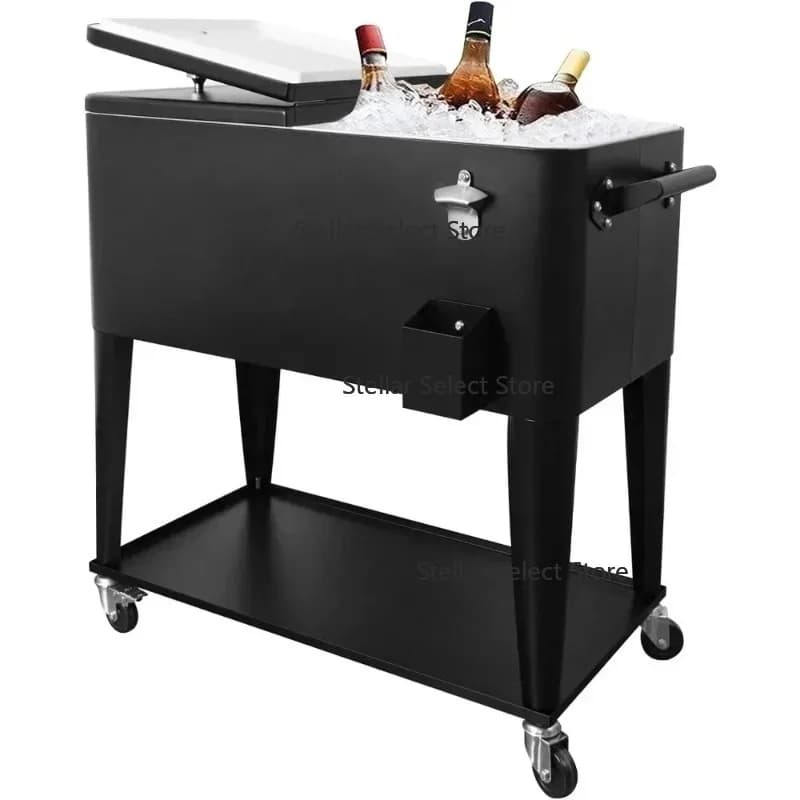 Cooler Cart for Beverage, 80 Quart Outdoor Patio Cooler with Shelf, Water Pipe and Bottle Opener, Rolling Cooler Cart