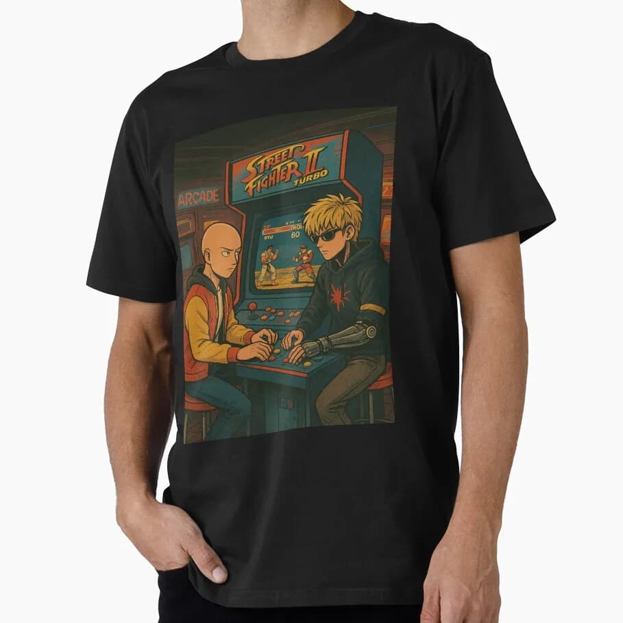 One Punch Arcade – Saitama & Genos Streetwear Battle Gift T-shirt for Anime lover 1205 One Punch Man Manga Print Graphic Clothes