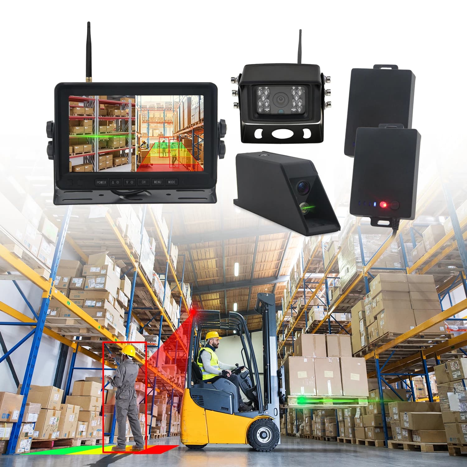 Magnetic Forklift Camera With Blind Spot Detection, Rear View, IP69 Waterproof, 7-Inch Wireless Display For & Forklift