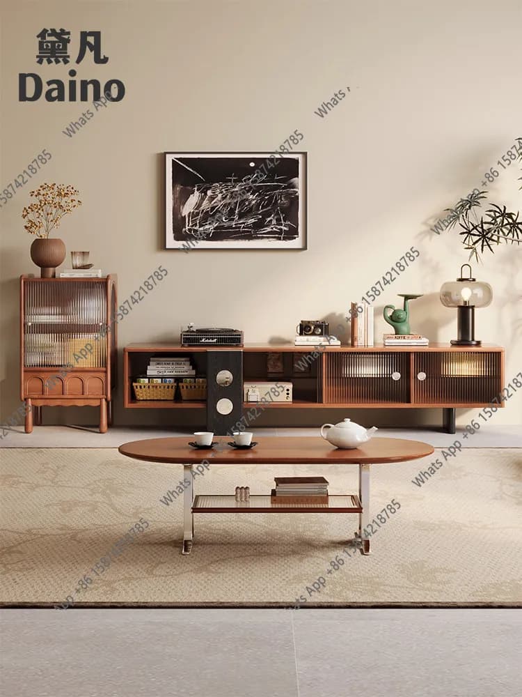 B Living Room Home Shelf Small Apartment Medieval Solid Wood TV Cabinet Coffee Table Combination Storage Locker Integrated New