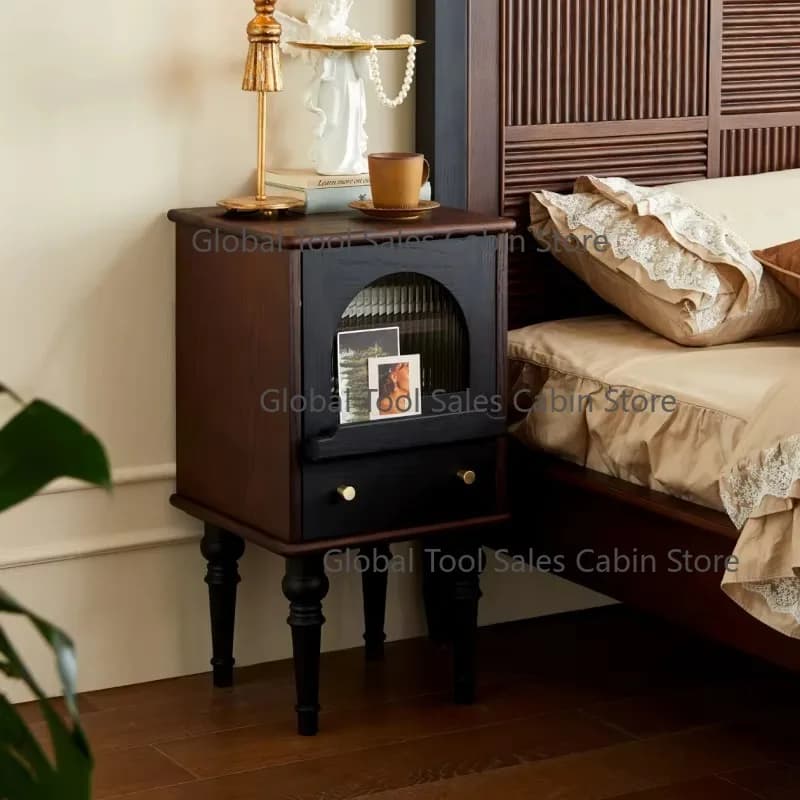 Modern American Style Solid Wood Bedside Table, Medieval Style Bedroom Storage Cabinet
