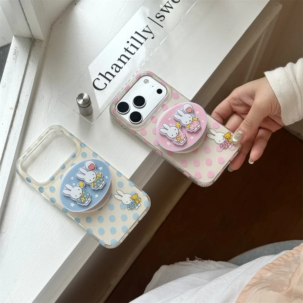 Simple Polka Dot Magnetic Phone Case for iPhone 15 Pro 16 17 Max 14 13 16 Pro Max Cover With Magsafe Miffy Rabbit Stand Cute Cas