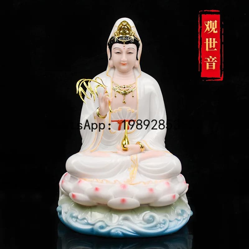 XL Guanyin Buddha Statue for Home Worship, White Jade Guanyin Statue, Nanhai Water Dropping Guanyin