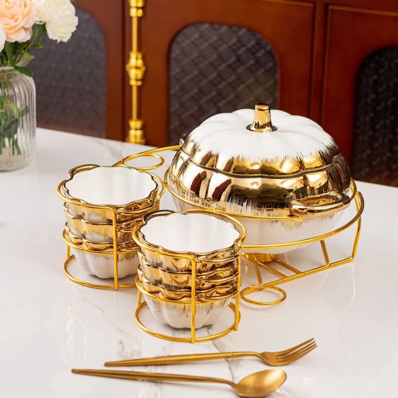 Pumpkin soup pot ceramic binaural soup bowl set pot household tableware candle heating insulation large pot