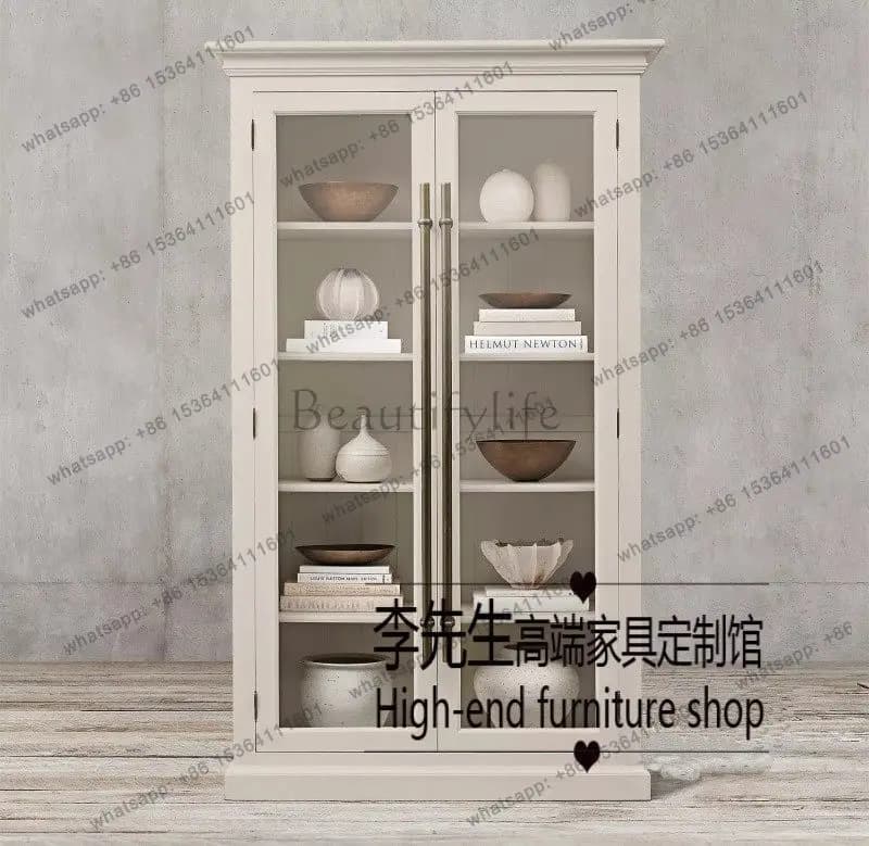 American rural solid wood antique bookcase, French old double-door dining side cabinet
