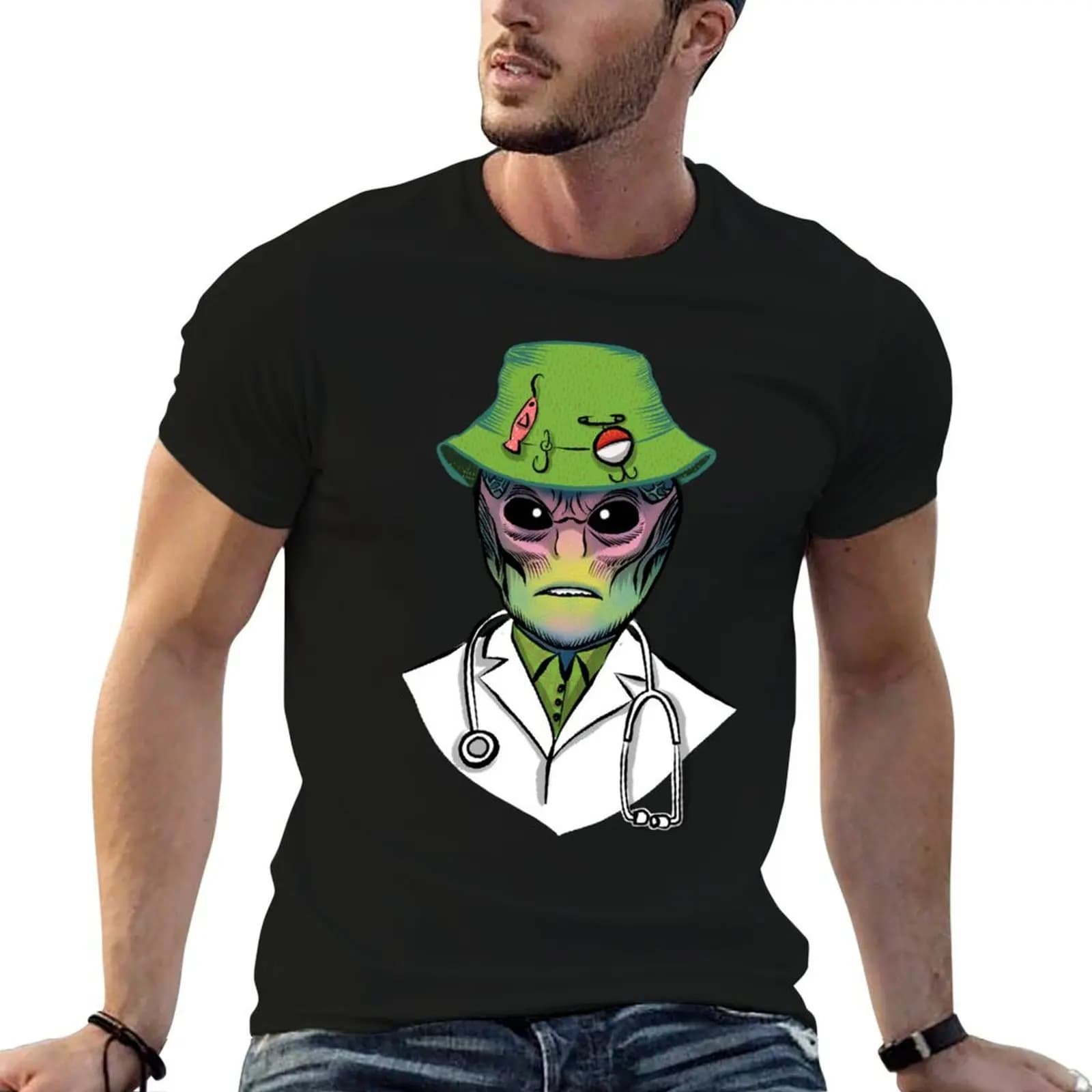 Resident alien caricature drawing with magnifying glass T-Shirt essential t shirt affliction shirts men workout shirt
