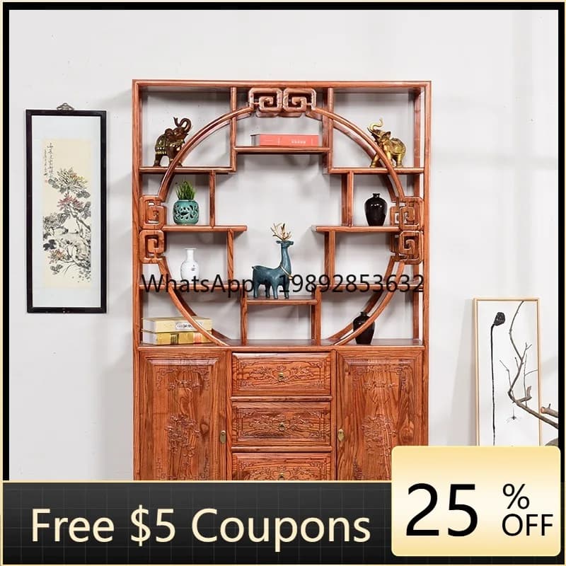 LYY Wooden  Multi-Treasure Cabinet Antique-Style Storage Rack Chinese Furniture Curio Cabinet Elm Wood Display Rack Antique
