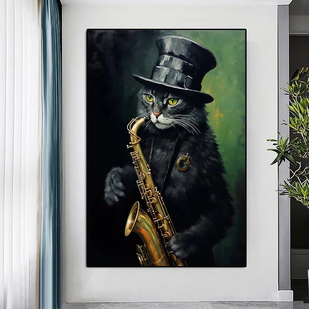 Classic Cat Playing Saxophone Canvas Painting Funny Animal Poster And Print Nursery Wall Art Mural Living Room Home Decoration