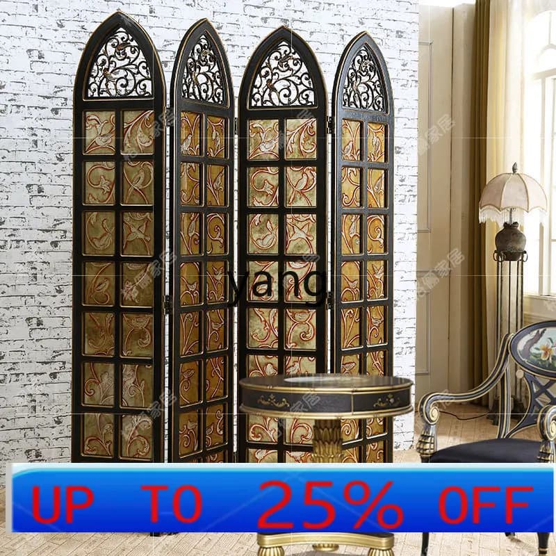 LH  hand-painted screen partition living room bedroom cover medieval household folding solid wood glass folding screen