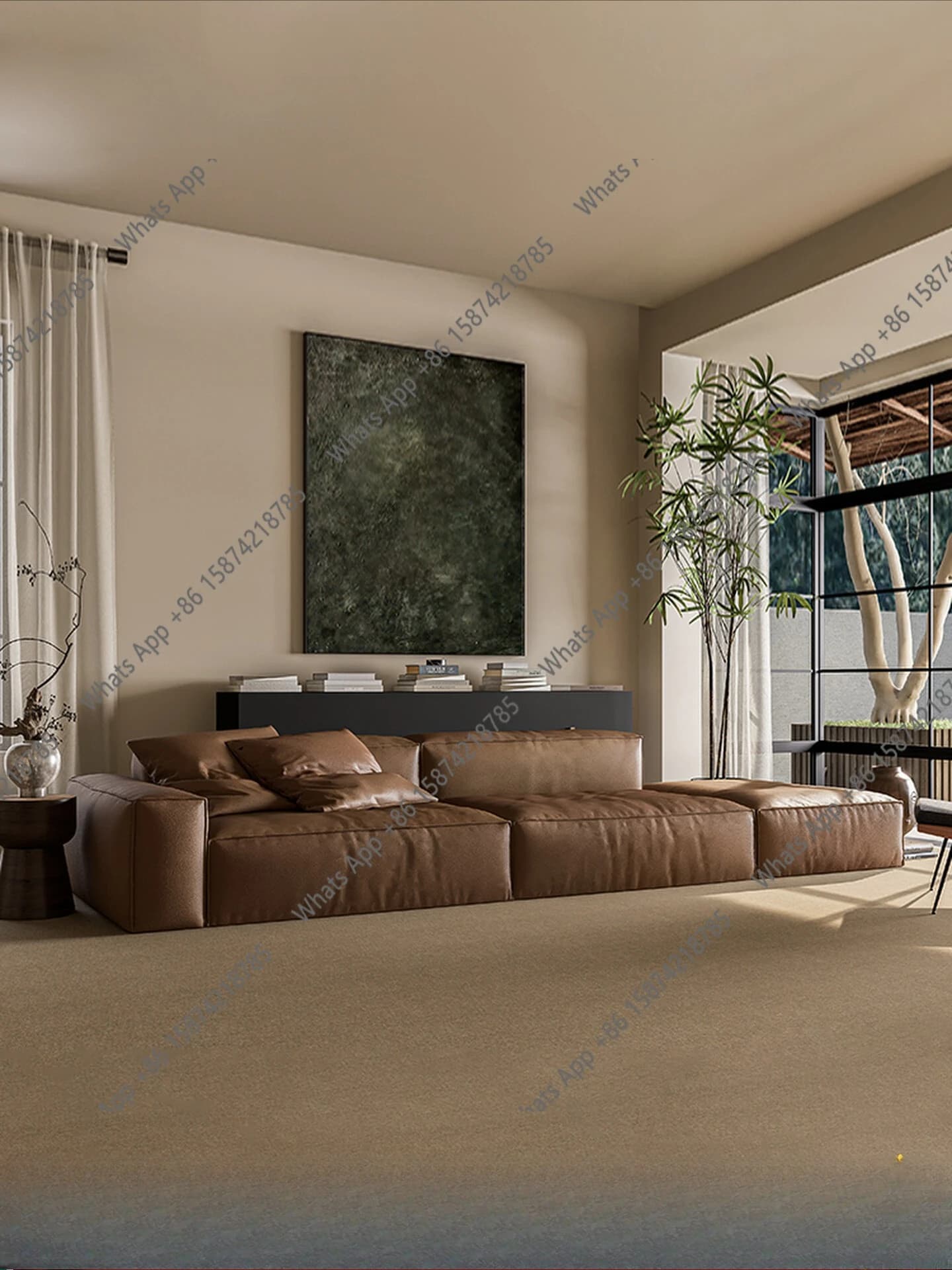 straight row tofu block sofa combination Italian minimalist living room caramel color module first layer cowhide full lea