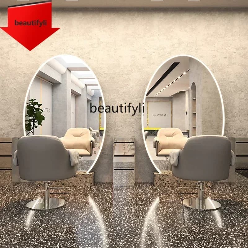 Q181 L lt Barber Shop Mirror Single Double-Sided Full Body Floor Mirror with Light Stainless Steel Scissor Hair Mirror Hair Salo