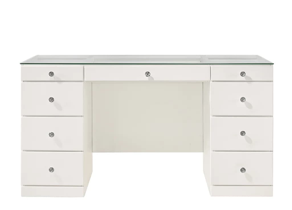 #Modern Durable Makeup Vanity Table With Glass Top 9 Drawers White Wooden Bedroom Furniture For Living Room