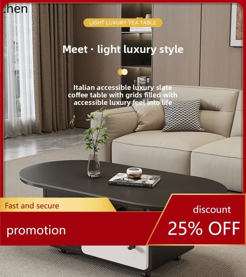 CZ Living Room Home Small Apartment Creative Black and White Color Matching Rock Plate Trolley Coffee Table