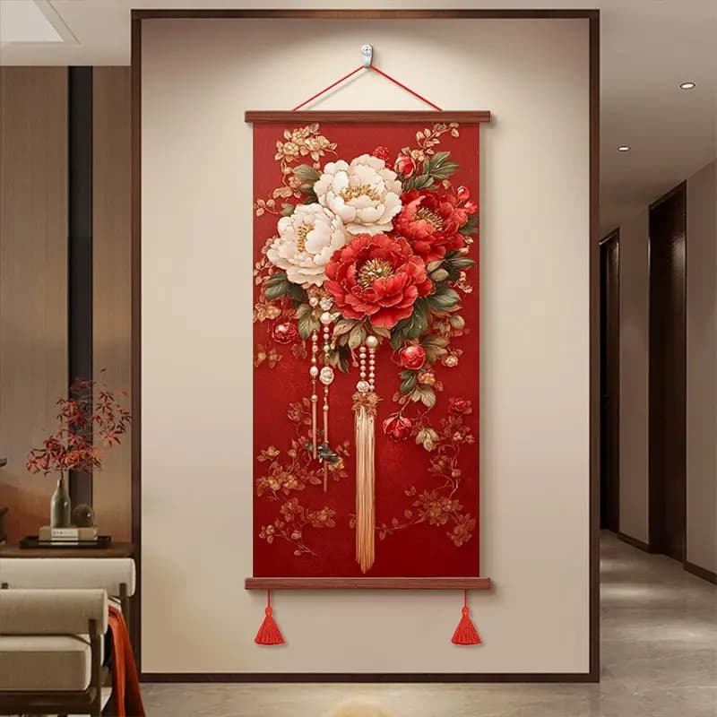Festive Peony Scroll, "Blossom Wealth" Red Wedding Gift Wall Art, Luxury Home Decor for Entryway, Living Room & Bedroom
