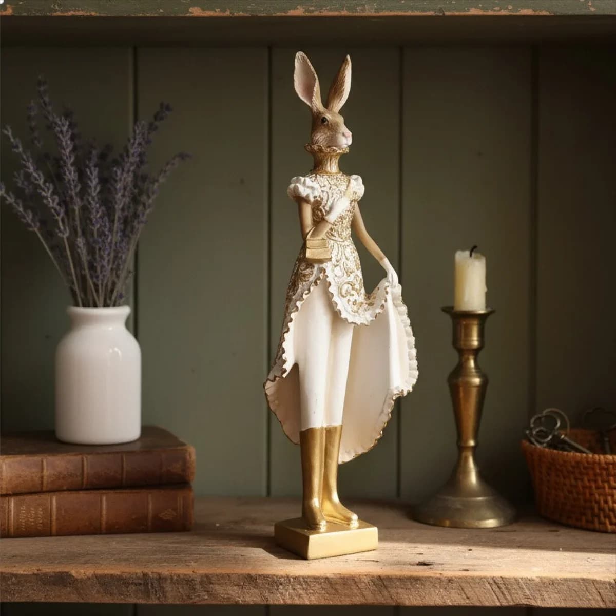Resin Wonderland Rabbit Sculpture - Elegant Gold&White, 32.5cm, Lightweight, Fantasy Decor for Display Cabinet/Shelf