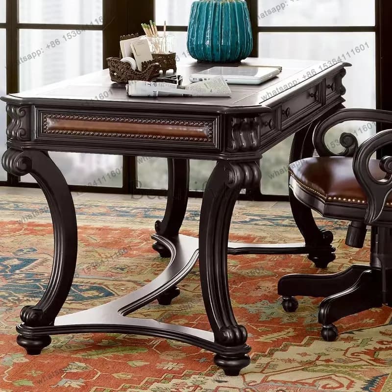 French retro leather desk antique villa study writing table and chair combination