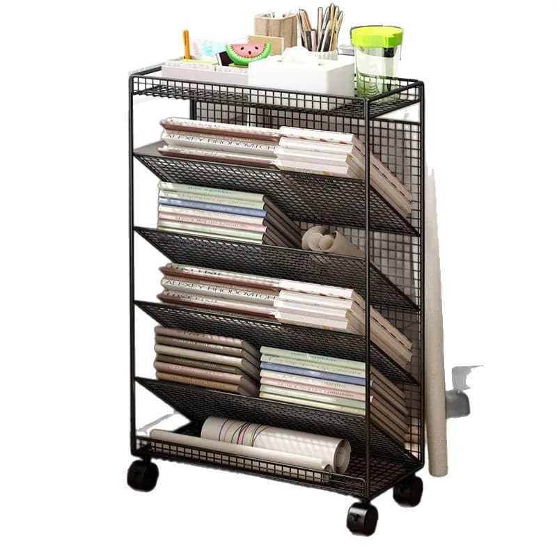 Multi-layer pulley movable storage rack, steel small storage rack floor bookcase simple bookshelf