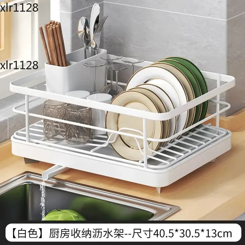 Kitchen Countertop Single Layer Dish Drainer Bowl Storage Rack with Drain Tray