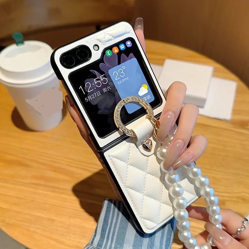 Solid Color Leather Flip Phone Cover for Samsung Galaxy Z Flip7/Z Flip6/Z Flip5/Z Flip4 with Detachable Wrist Strap