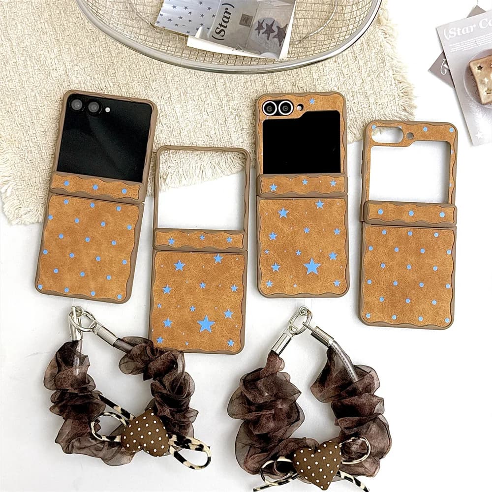 Retro Blue Star Dot Pattern Case For Samsung Galaxy Z Fold 8 Shell Organza Fabric Wrist Sweet Fashion Women Hard Phone Shell