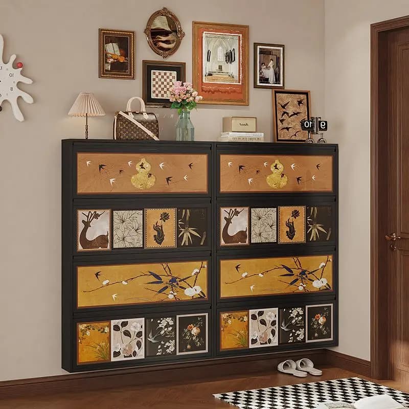The entrance door is extremely narrow against the wall, and the medieval style storage cabinet is closed