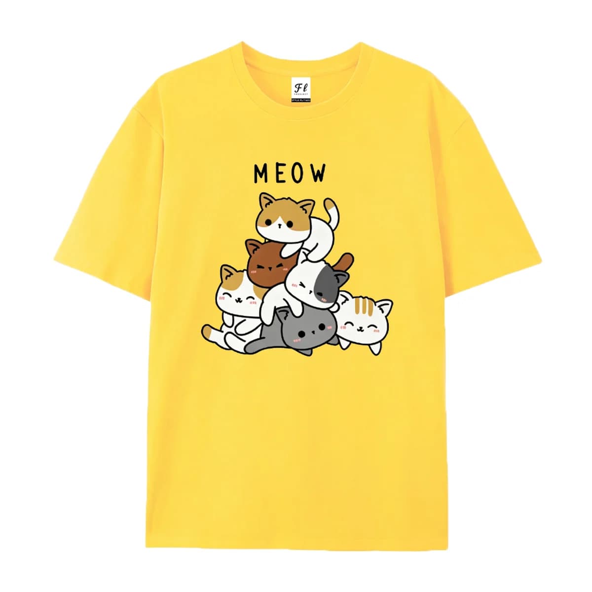 Men Short Sleeve T Shirt Cute Stacked Cat Meow Letter Print Casual Tees Round Neck Soft Cotton Animal Graphic Streetwear Tops