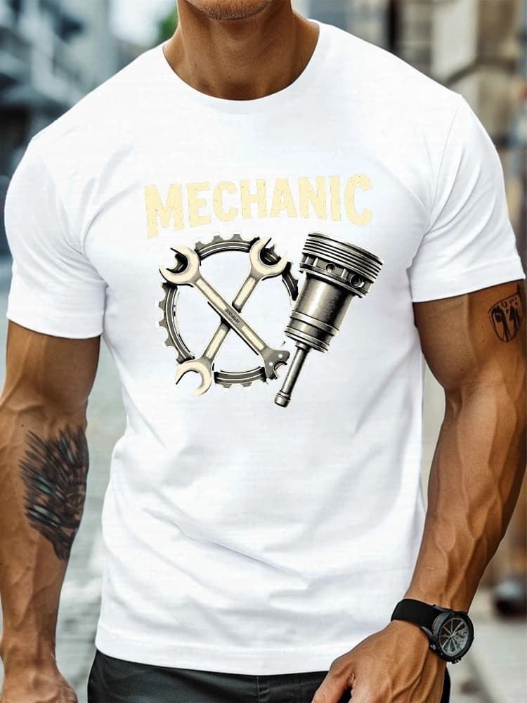 "MECHANIC" Graphic-with Tool design-100% cotton summer O-neck short sleeve casual printed men's T-shirt.