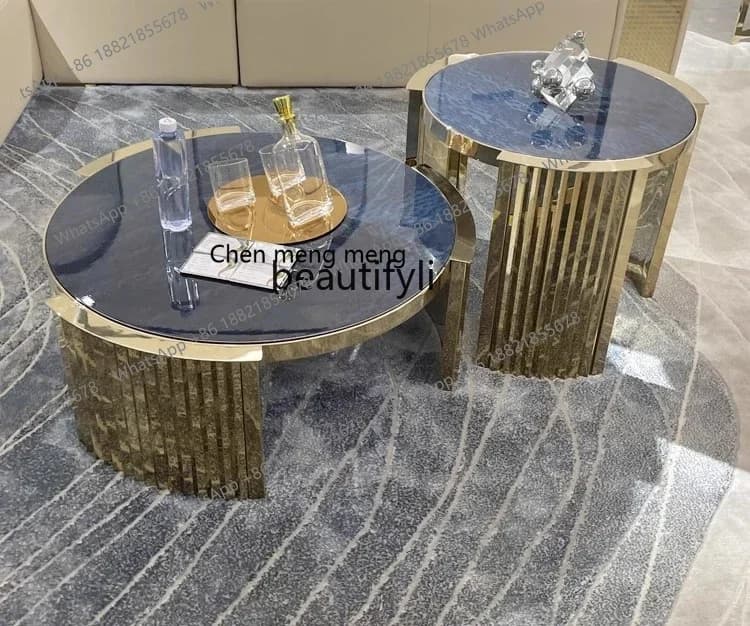 178Italian light luxury stainless steel tea table living room luxury round coffee table combination post-modern blue tea table29