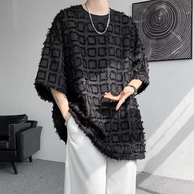 Black Geometric Patterned Oversized Casual Shirt for Men Short Sleeve Pullover Street Style Loose Fit Polyester Top