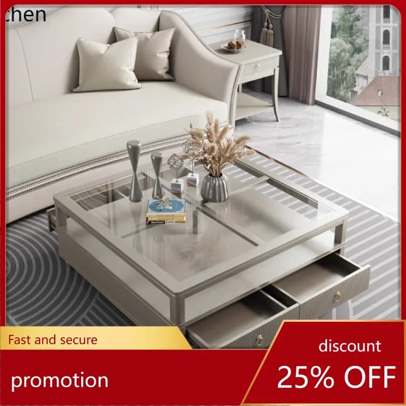 HXL Solid Wood Coffee Table Champagne Color TV Cabinet Combination Square Glass Storage Table