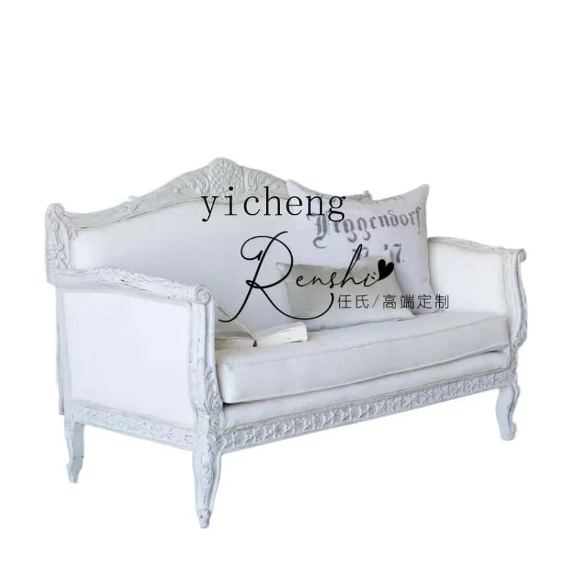 ZZTQH log carved double three sofa villa light luxury French small apartment old living room fabric