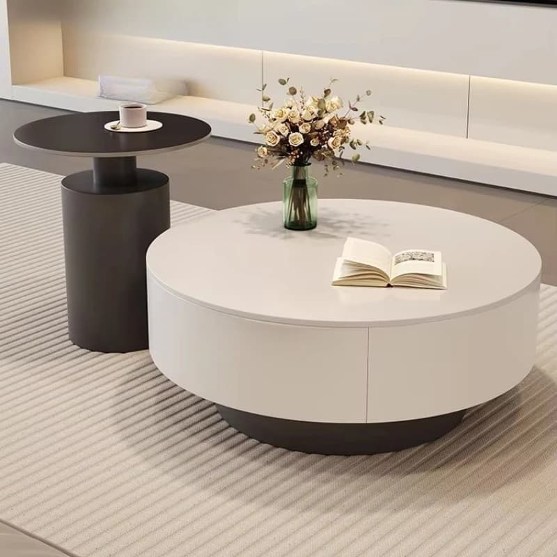 Burnt Stone Round Coffee Table Set Living Room Coffee Table with Drawers Storage Space