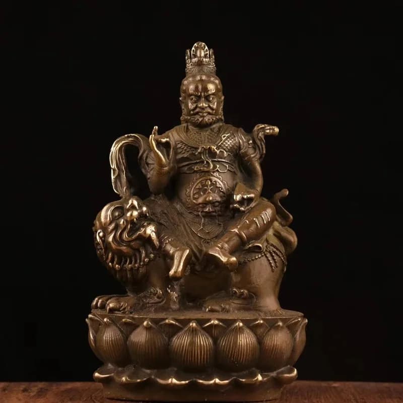 Brass Wealth God Statue, Multi-Armadged Yellow Wealth God Vajrasattva Sitting on Lotus and Riding a Lion, Home Worship Buddha St