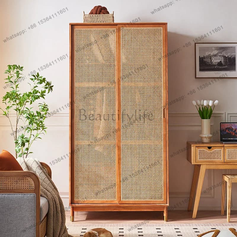 Wabi Sandy Wind Solid Wood Double Door Wardrobe Storage Sliding Door Rattan Wardrobe