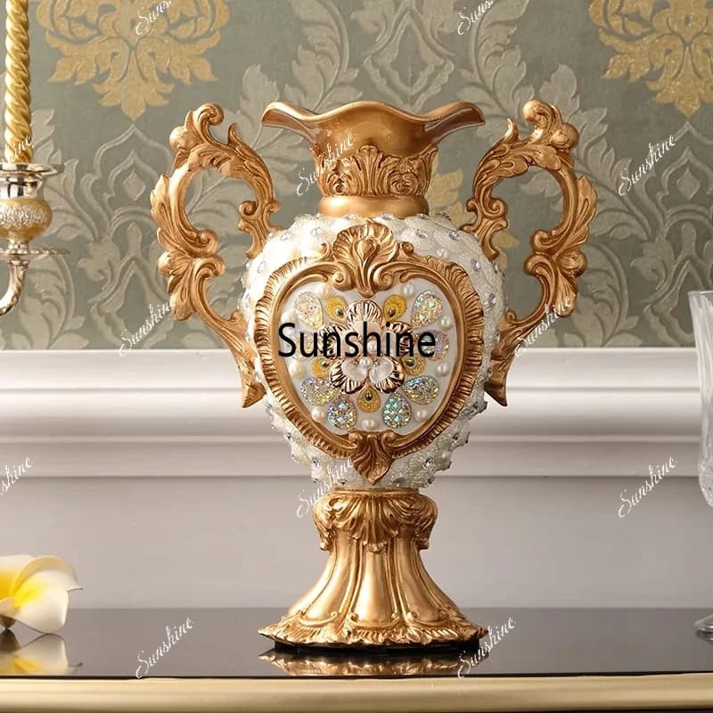 European Luxury Palace Resin Vase Ornaments Home Room Desktop Figurines Crafts Decoration Wedding Gift Retro Silk Flower Pot Art
