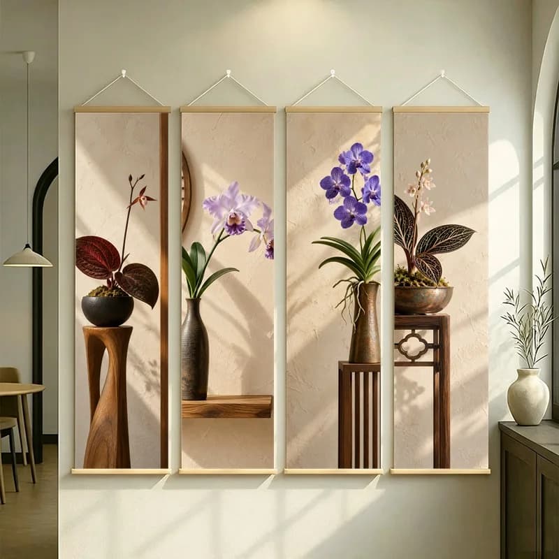Wall Art Variegated Orchid and Cattleya Orchid, Calm Wabi-Sabi Silver Shimmer Canvas Hanging Scroll for Peaceful Spa Room