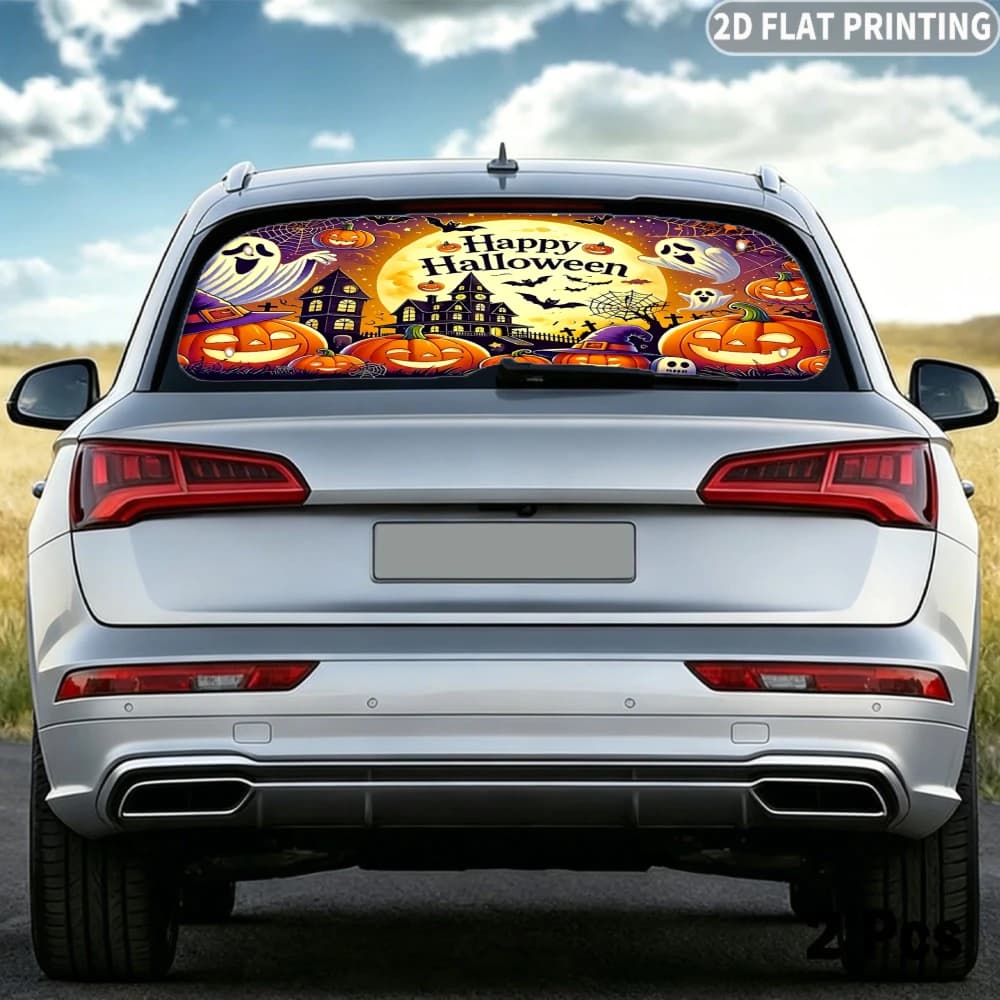 2D FLAT Printing 1pc Car Rear Window Sunshade Happy Halloween Pumpkin Ghost Haunted House Pattern, 4 Suction Cups