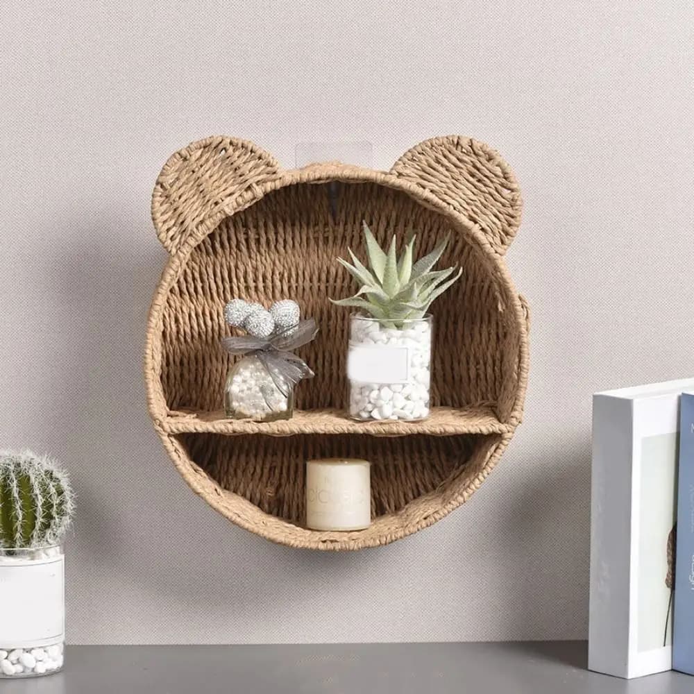 2 Tier Bear Ear Wall Mounting Shelf Handmade Cute Plant Display Storage Rack Decorative Imitation Rattan Storage Rack Bathroom