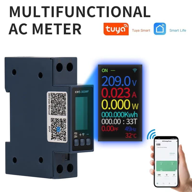【Color Screen & Smart Timer】8-in-1 AC Energy Meter, KWS-303 DIN Rail Power Monitor for Voltage/Current Tracking