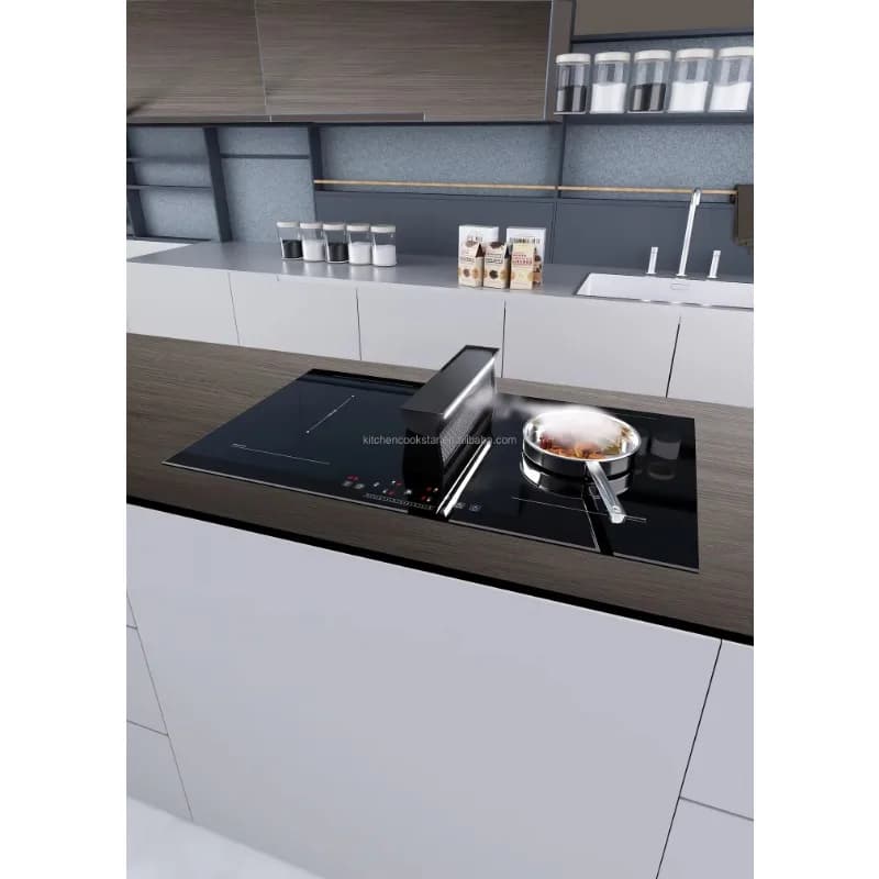 Modern 90cm 4 Hobs Induction Cooktop Up & Down Ventilation Gas Stove Hood Compatible Appliance