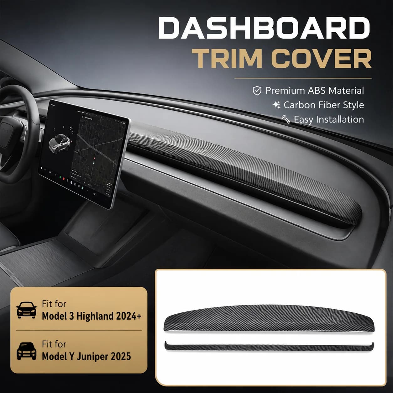 Interior Dashboard Decorative Cover Trim for Tesla Model 3 Highland 2024+ Model Y Juniper 2025 Front Center Console