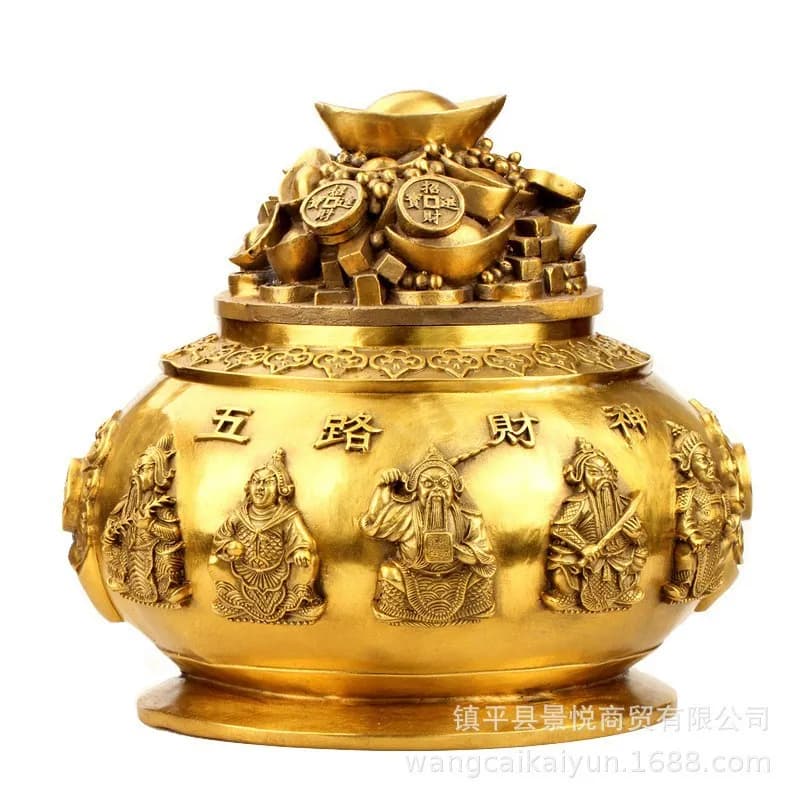 Brass treasure bowl ornament with lid, five-way god of wealth treasure bowl, shop decoration and craft item